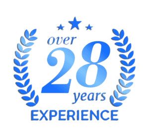Blue badge stating over 28 years of experience with laurel wreath and stars in design.