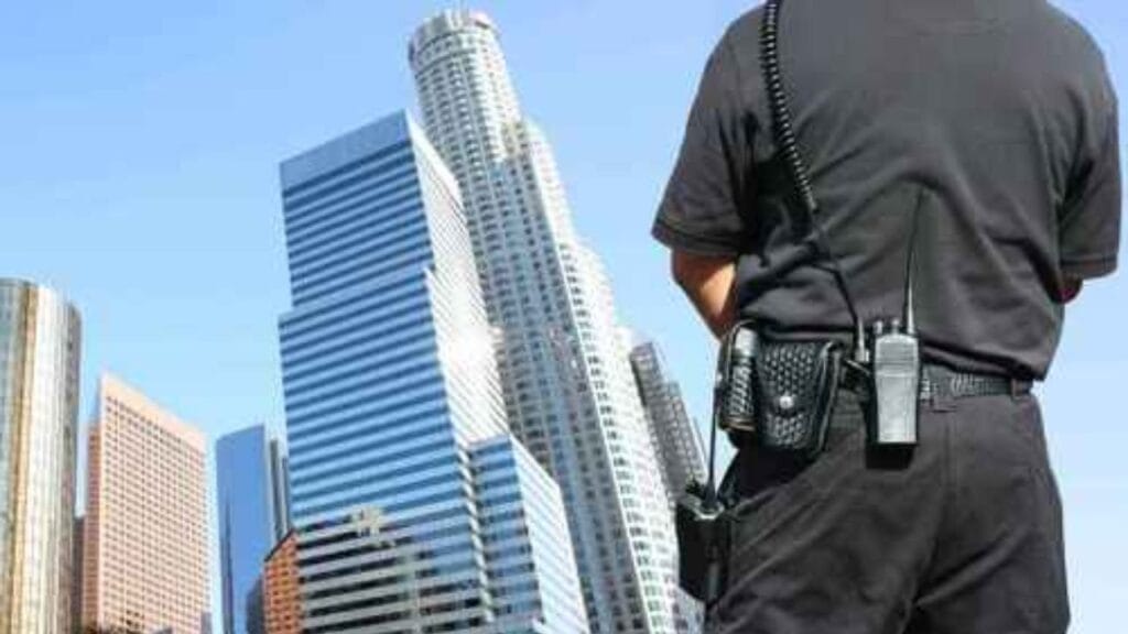 Security guard standing outside a residential property, providing home protection services.