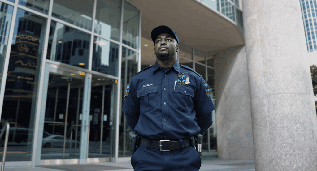 Uniformed Rayven Security Protection officer standing watch at a corporate office entrance, ensuring security and keeping your business safe and successful.