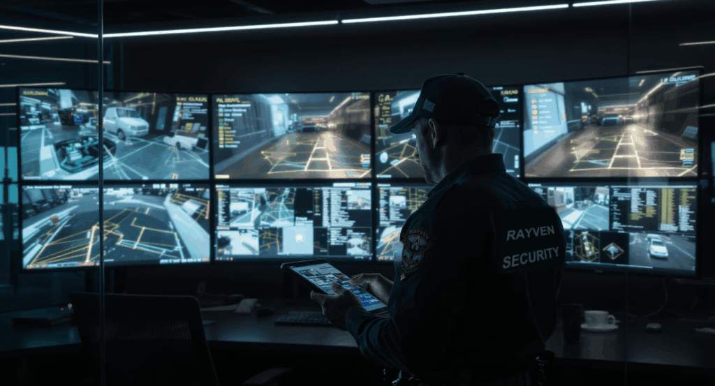 Rayven Security Protection security guard using advanced surveillance technology and GPS tracking in monitoring room, keeping your business safe and successful.