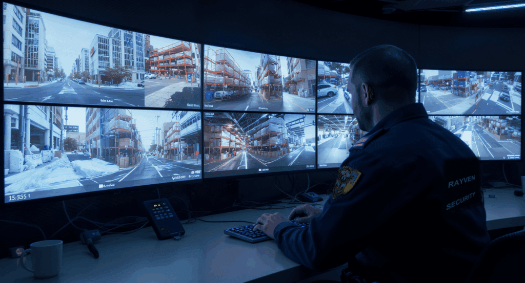 Rayven Security Protection officer monitoring multiple surveillance screens in a high-tech security operations room.