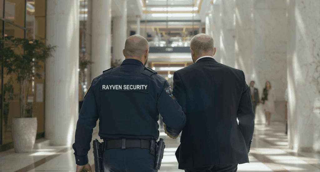 Rayven Security Protection officer walking alongside a businessman through a corporate lobby in daylight.