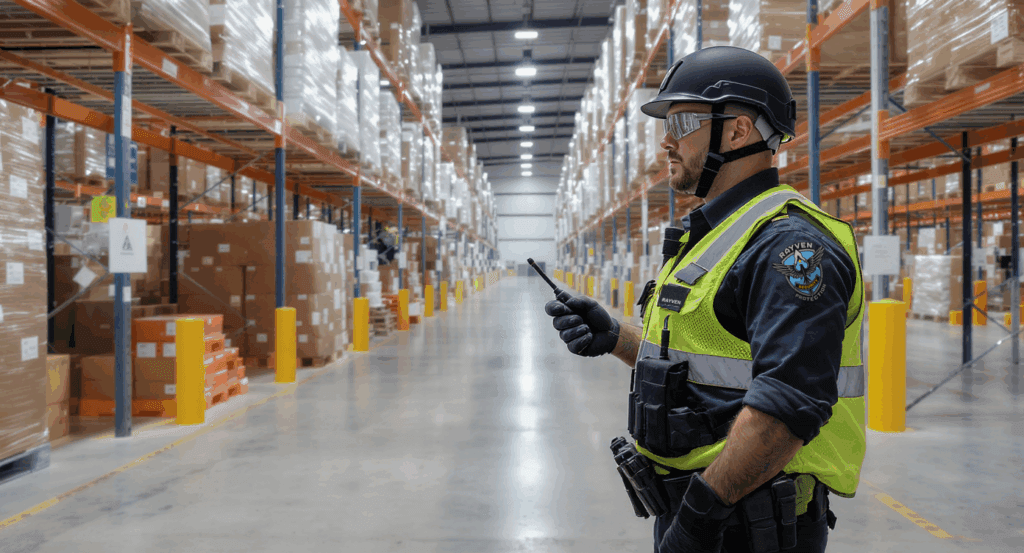 Rayven Security Protection security guard patrolling a warehouse to protect assets, keeping your business safe and successful.