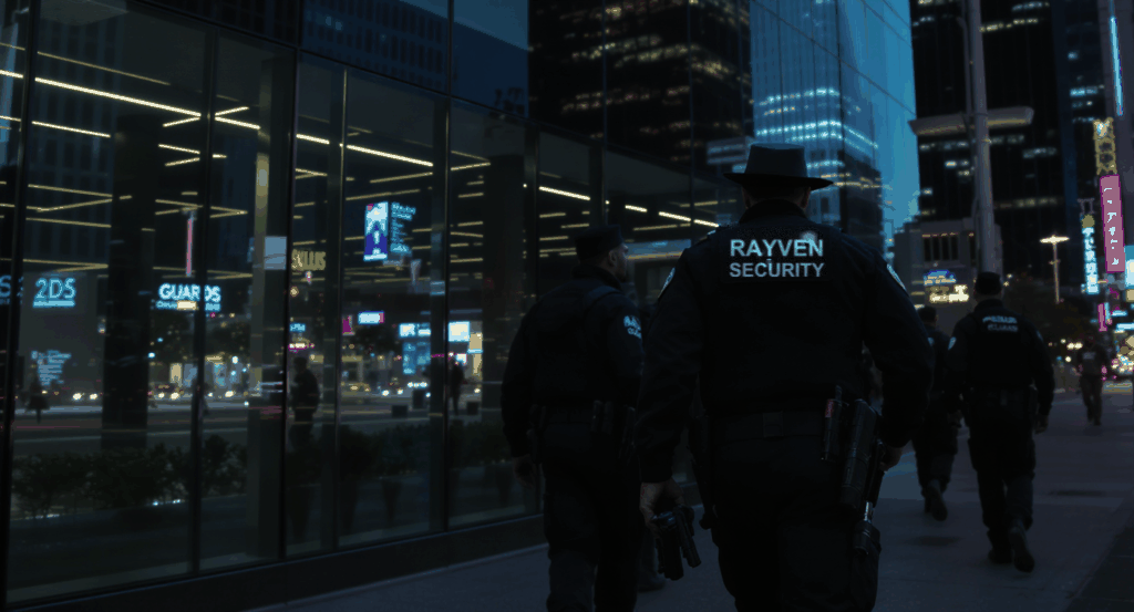 Security guards in Rayven Security Protection uniforms patrolling outside a modern glass office building at night, with city skyline in the background.