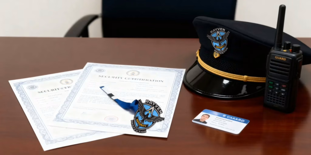 Security license and ID badge on desk, showing legal certification and compliance.