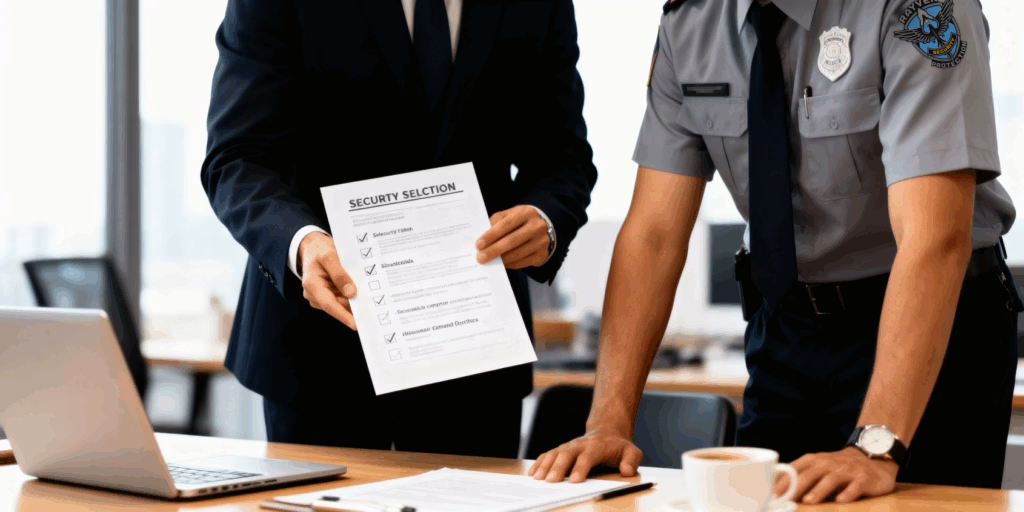 Business manager and security professional discussing checklist for hiring right company.