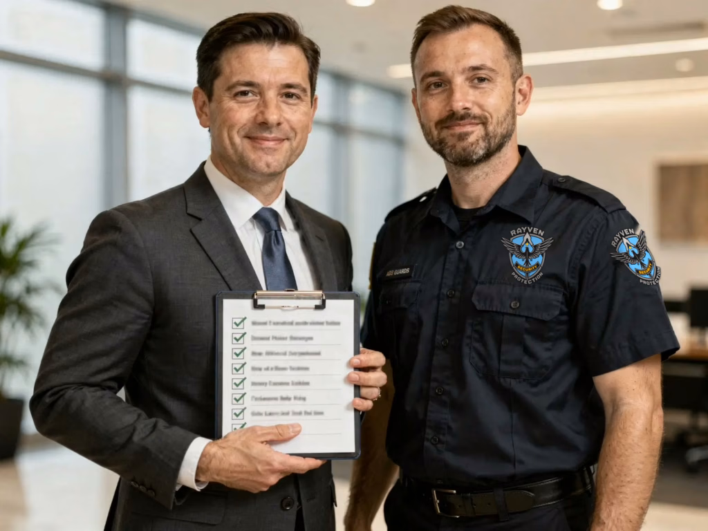 Business owner standing with a licensed security guard holding a completed compliance checklist