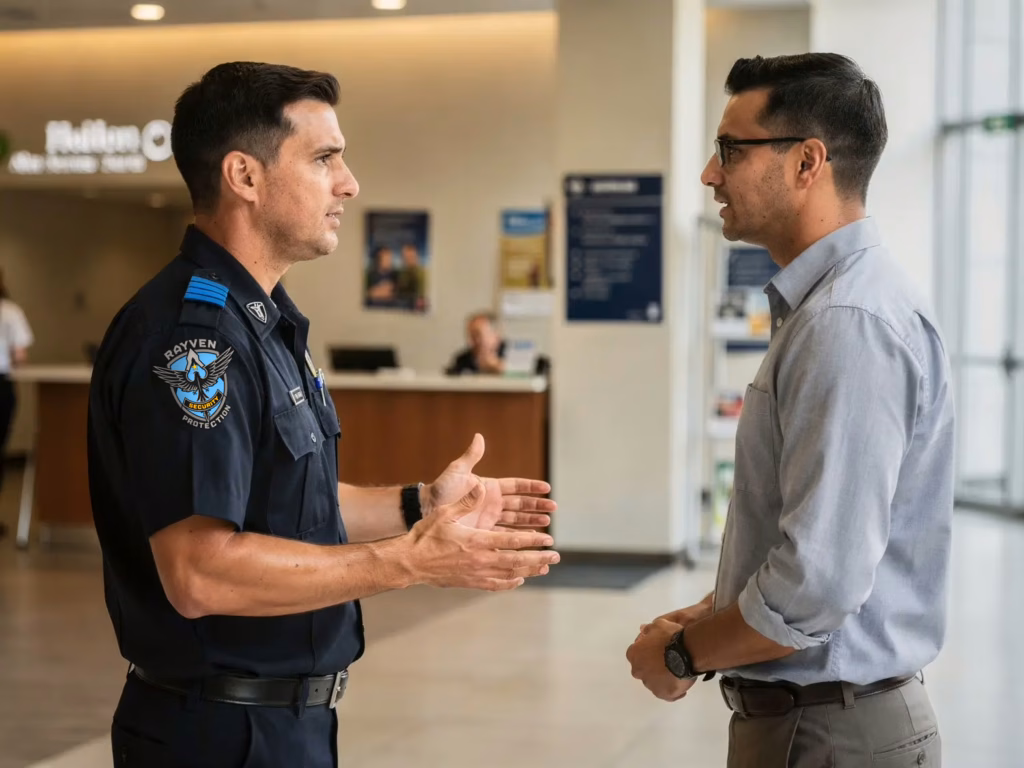 Security guard discussing with a man in an office lobby.