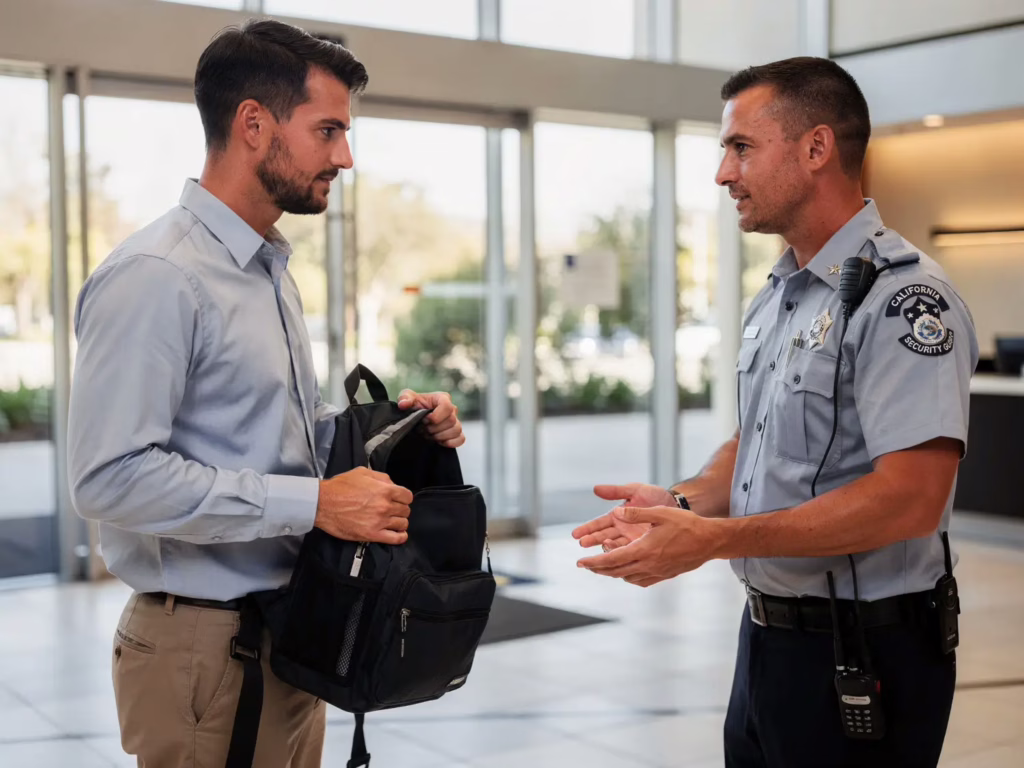 Security officer talking with a man holding an open backpack in a bright office lobby.