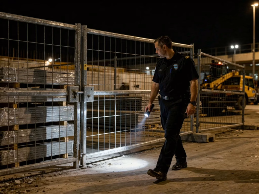 Overnight construction site security patrol in San Jose with a security guard inspecting a locked perimeter gate using a flashlight at night