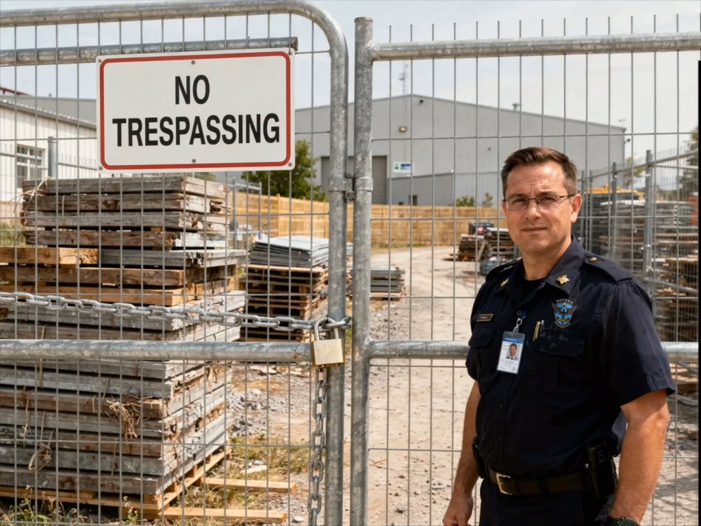 Construction site security San Jose with a uniformed security guard standing at a locked gate and no trespassing sign protecting building materials