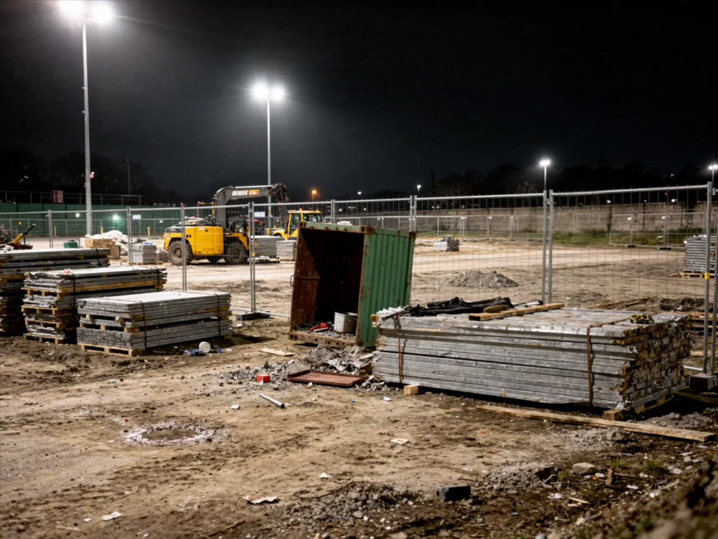 construction site security San Jose showing material loss and unsecured container at a nighttime jobsite