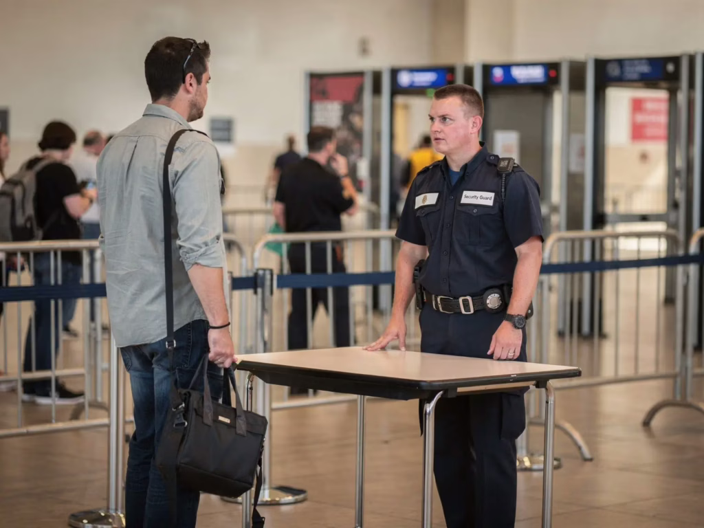 Man speaking with a security guard at an airport security checkpoint, holding a black bag.