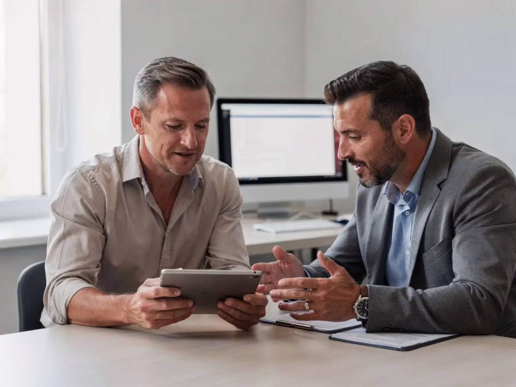 Business owner receiving practical guidance on security compliance from an experienced advisor
