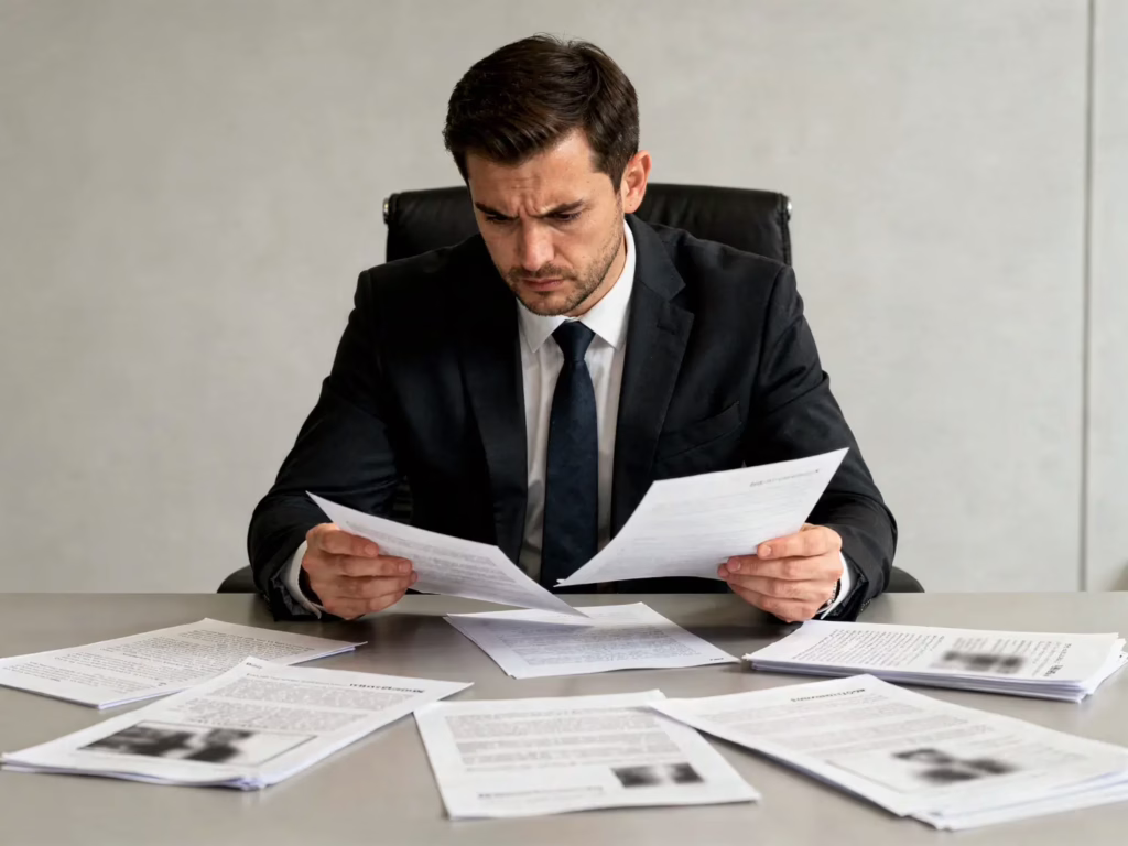 Business owner reviewing incident paperwork and legal documents after a security-related issue