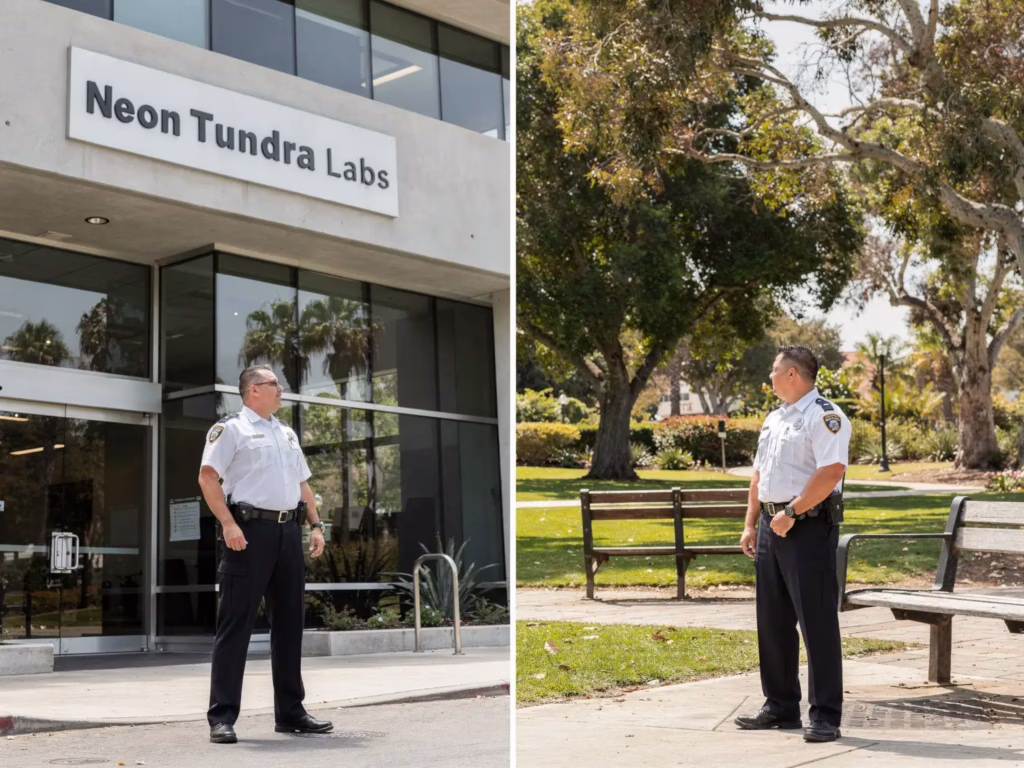 Security guard outside Neon Tundra Labs and in a park, patrolling and ensuring safety.
