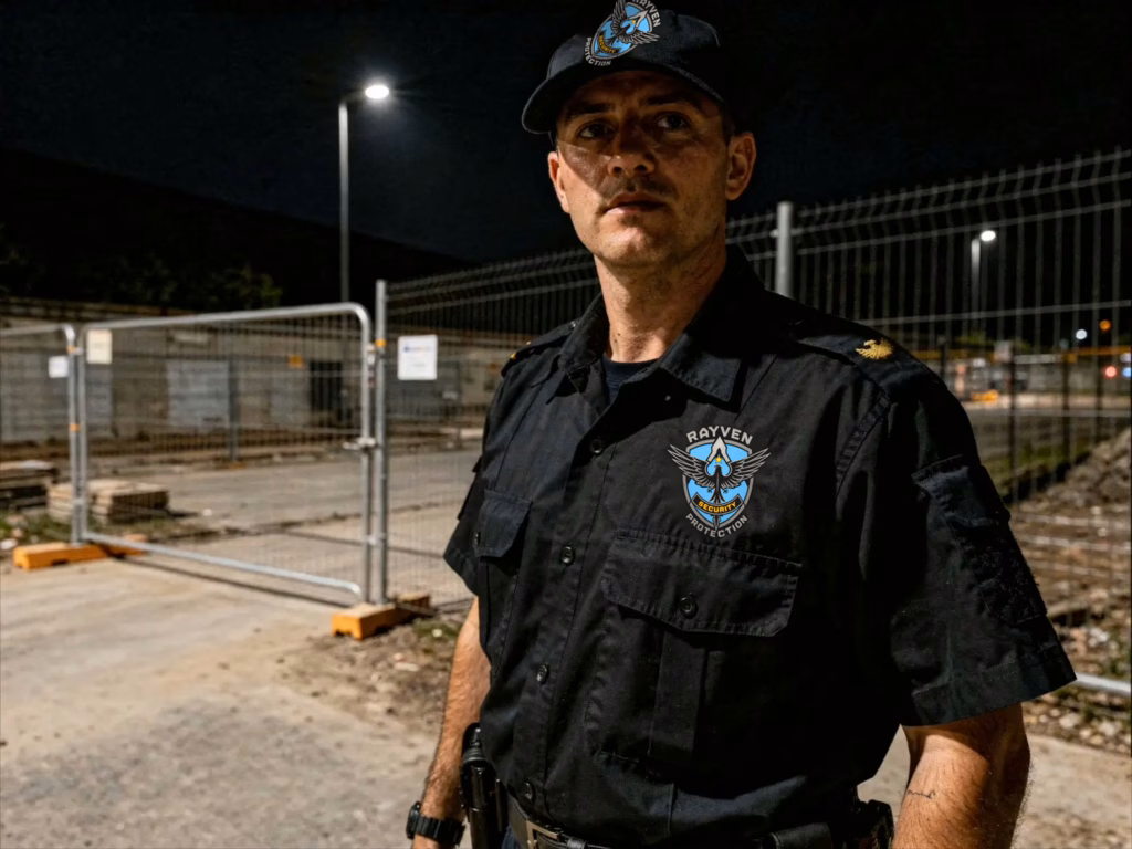 construction site security San Jose with a professional security guard monitoring a gated jobsite at night