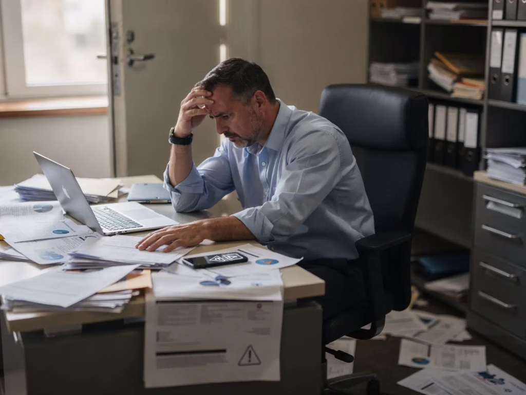 Stressed business owner dealing with paperwork after a costly security compliance mistake