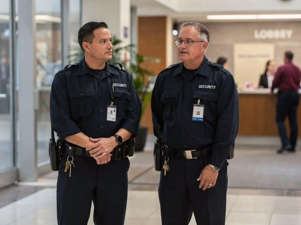 Two security guards stand attentively in a lobby, ensuring safety and security with professional demeanor.