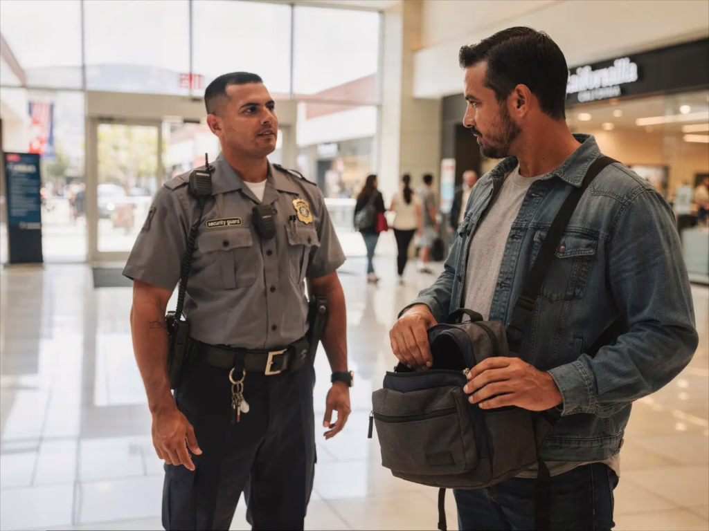 Security guard talking to a man with a backpack in a shopping mall.