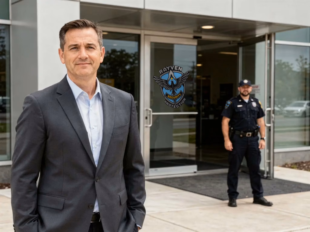 Business owner standing confidently outside a commercial building with a licensed security guard on duty