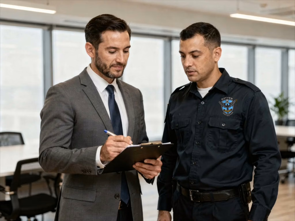 Business owner reviewing security compliance checklist with a licensed security guard
