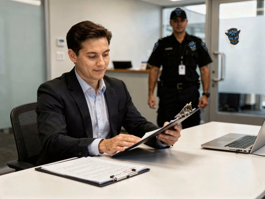 Businessman reviewing documents at desk with licensed security guard in the background.