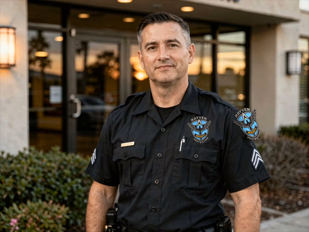 Professional security guard standing outside a California property, representing a practical next step in hiring reliable security services