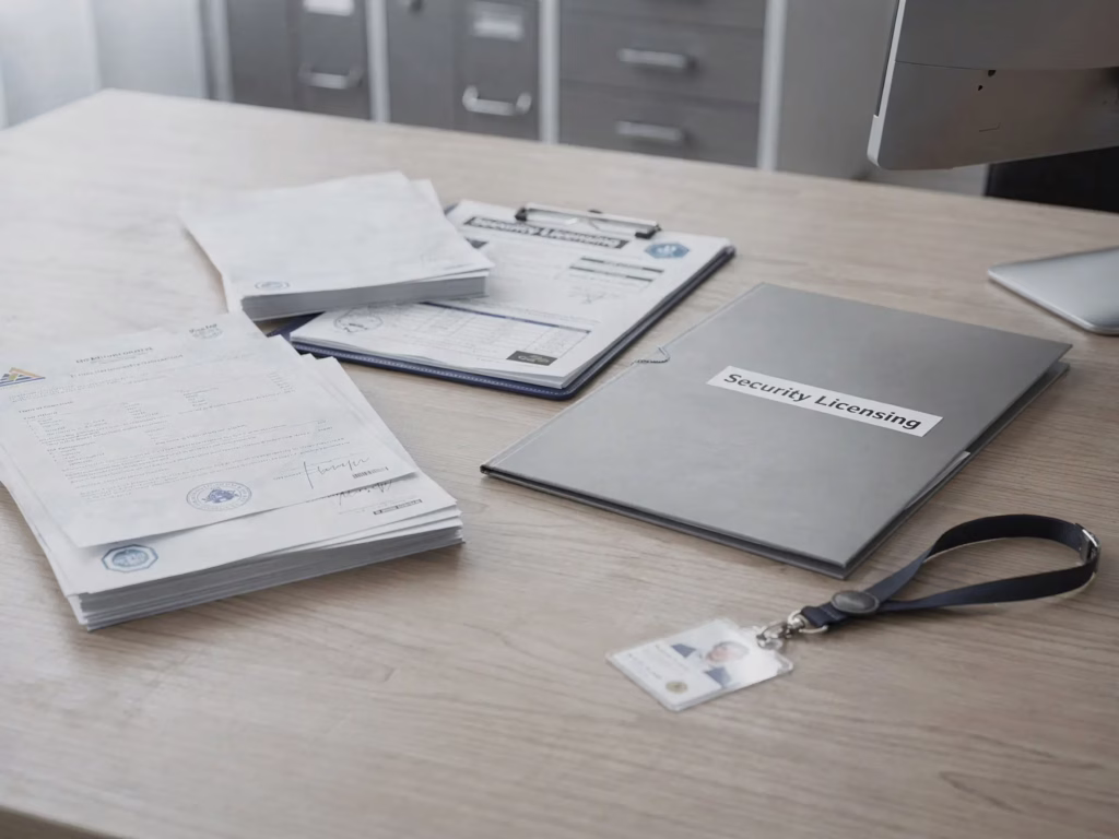Security licensing and compliance paperwork on a desk representing Rayven Security Guard licensing requirements