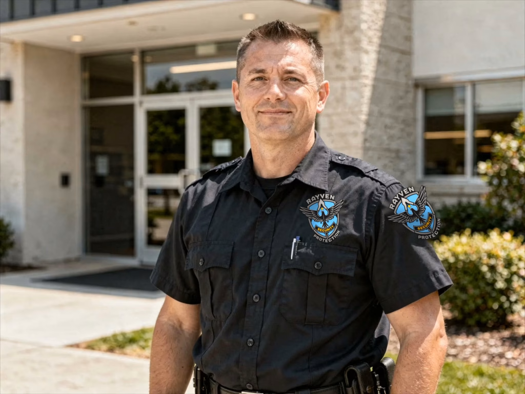 Professional security guard standing outside a California property, representing a calm and practical approach to hiring security services