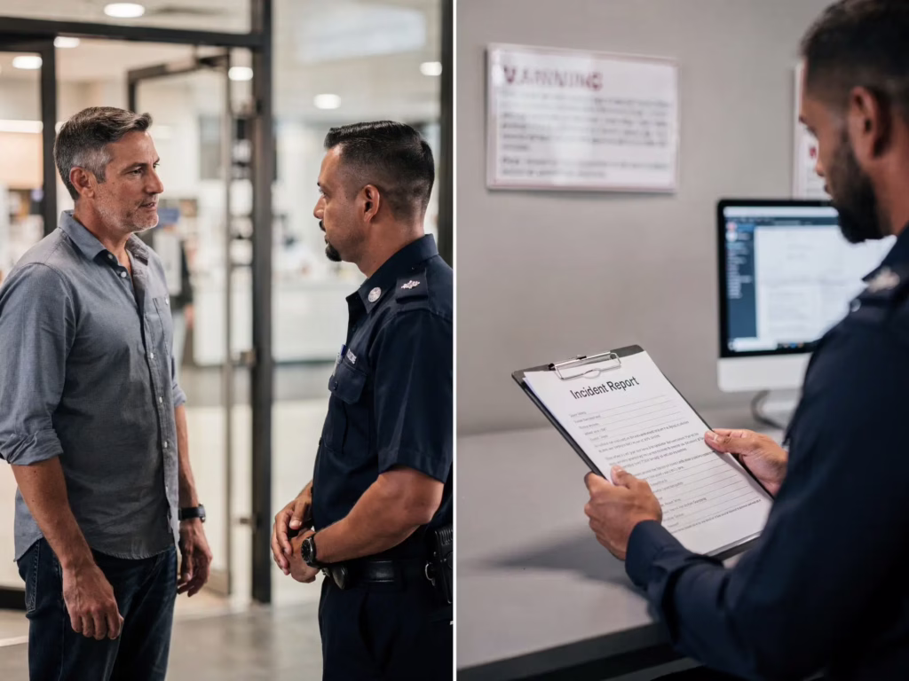 Split image showing the difference between detention and arrest in security situations, highlighting how confusion can lead to liability issues