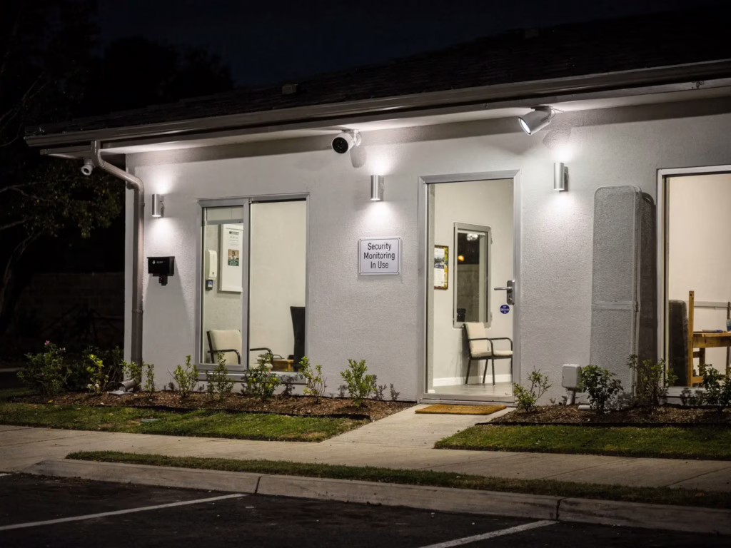 Well-lit commercial property with security cameras and monitoring signage showing a cost-effective security setup in California