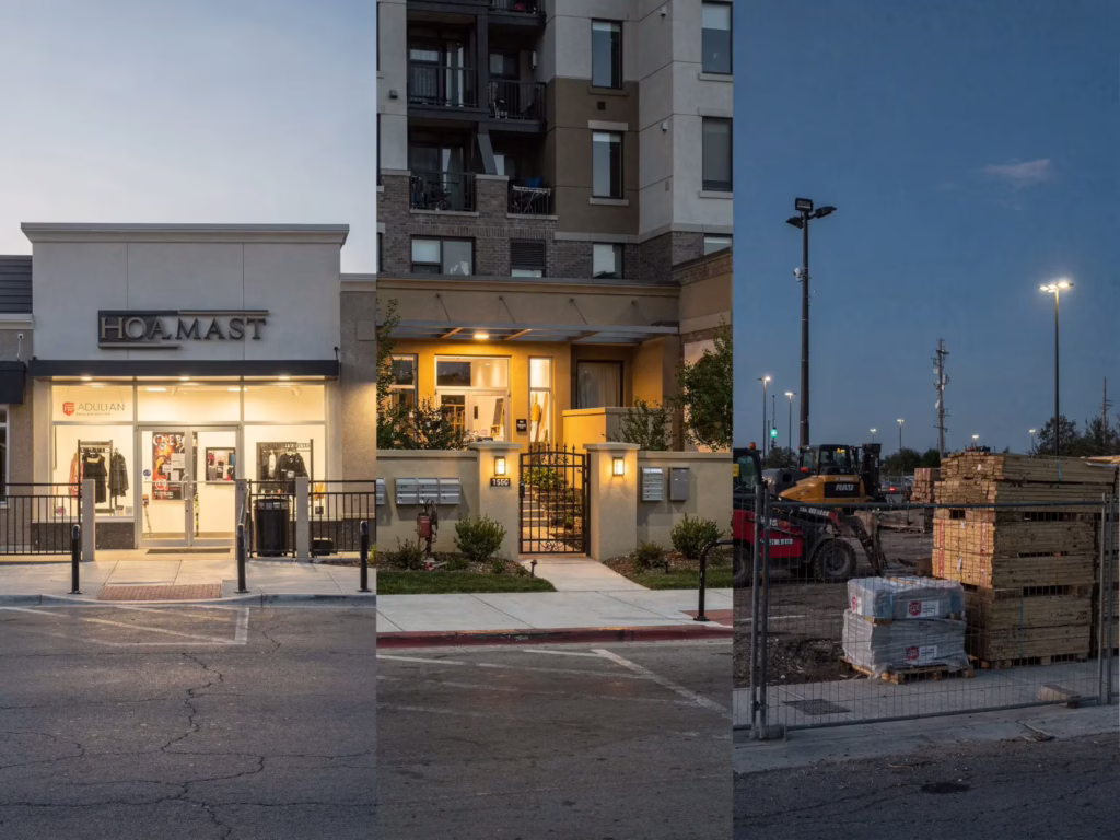 Examples of common California security scenarios including retail storefronts, apartment buildings, and construction sites used for security budget planning