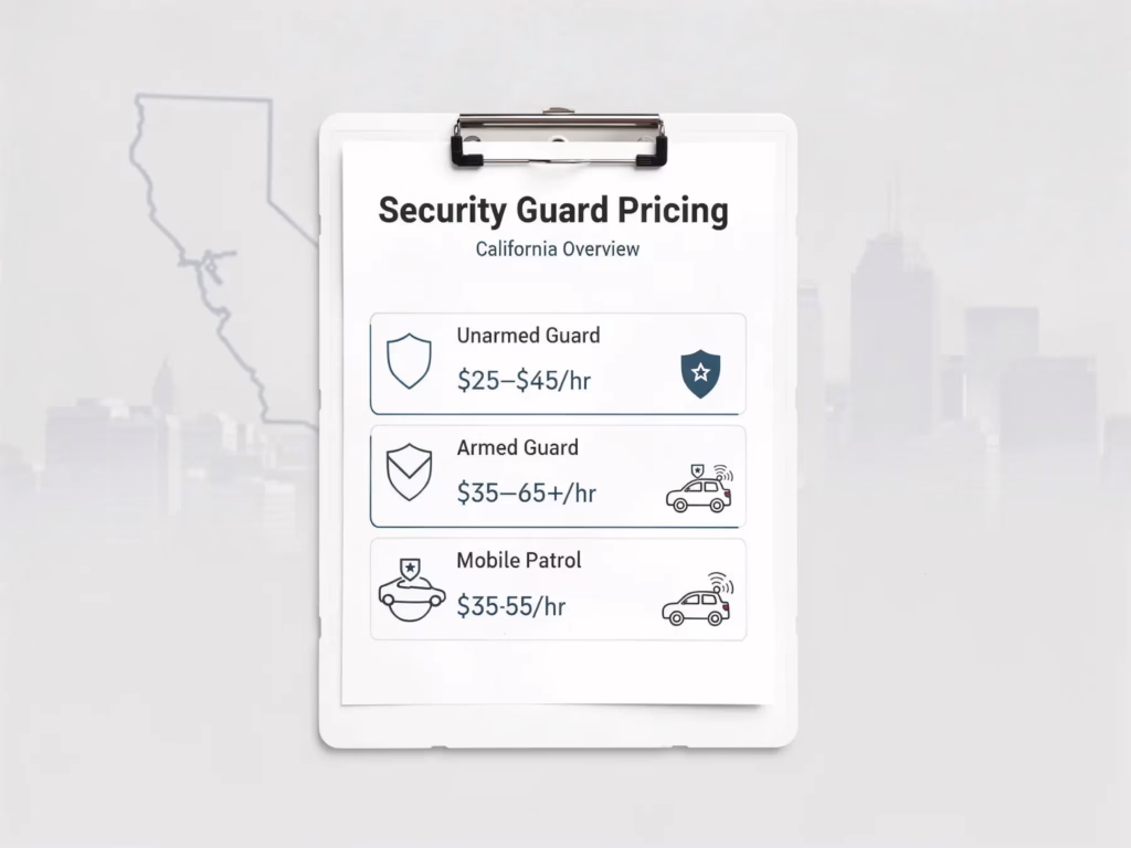 Overview graphic showing typical security guard pricing in California in 2026, including unarmed guards, armed guards, and mobile patrol rates