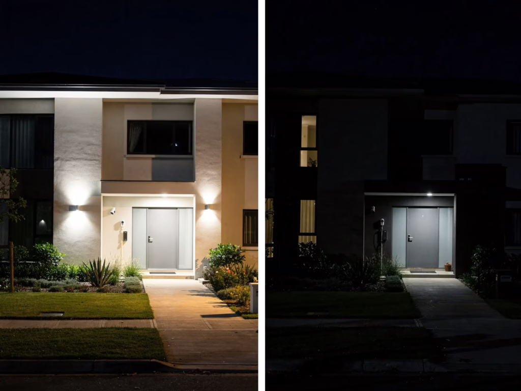 Side-by-side comparison of the same property at night showing well-lit versus poorly lit conditions that affect security guard pricing in California