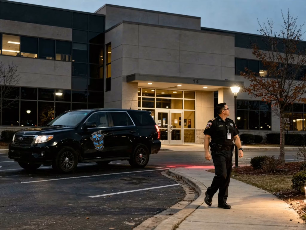 Mobile patrol security guard walking a commercial property at dusk with a patrol vehicle nearby, providing routine after-hours coverage.