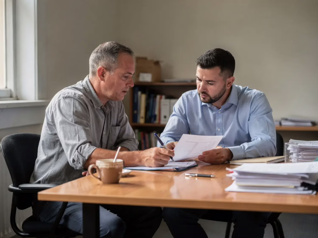 Business owner and security provider reviewing documents together in an office while discussing service details and coverage options.