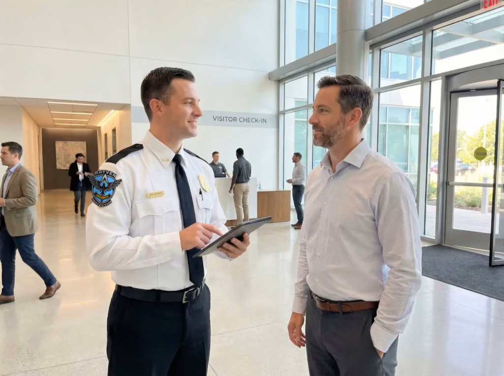 Rayven Security Protection security officer professionally greeting a visitor and completing a digital check-in at a modern building lobby entrance.