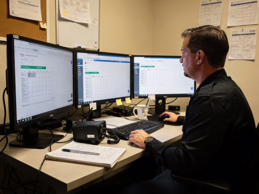 Security dispatcher managing schedules and communications at a workstation, supporting field operations and coverage coordination.