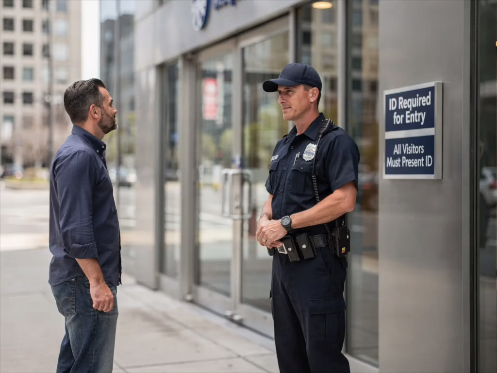 Professional security guard standing outside a private office building next to an “ID Required for Entry” sign while calmly speaking with a visitor about access policy.