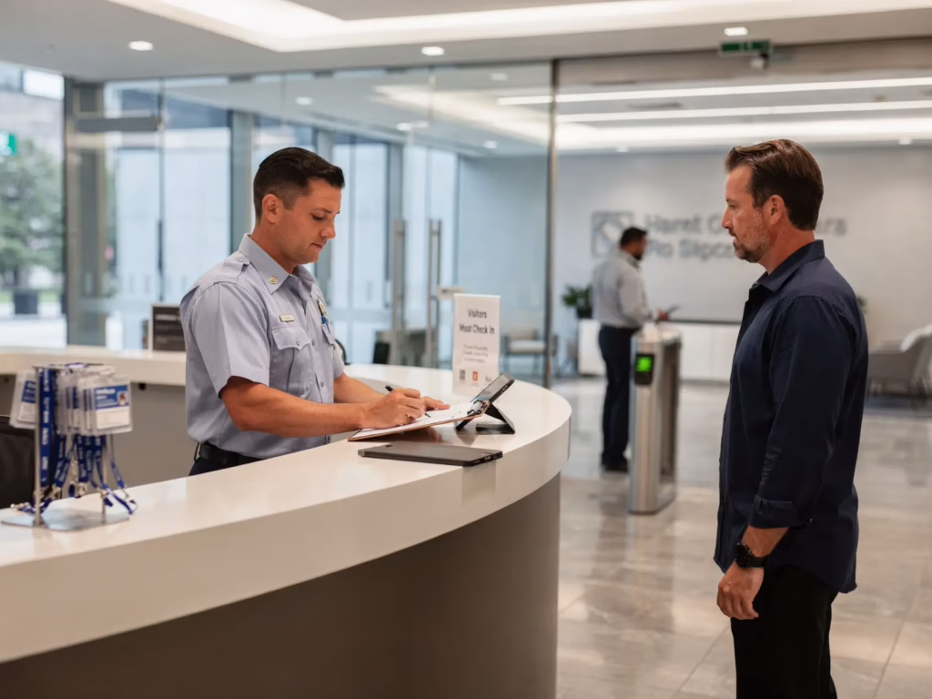Security guard at a modern office lobby reception desk reviewing a visitor sign-in sheet while a guest waits, demonstrating routine access control procedures.