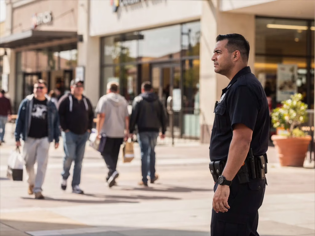 Security guard standing near an outdoor shopping center entrance observing pedestrians on a public sidewalk, illustrating limited authority in semi-public spaces.