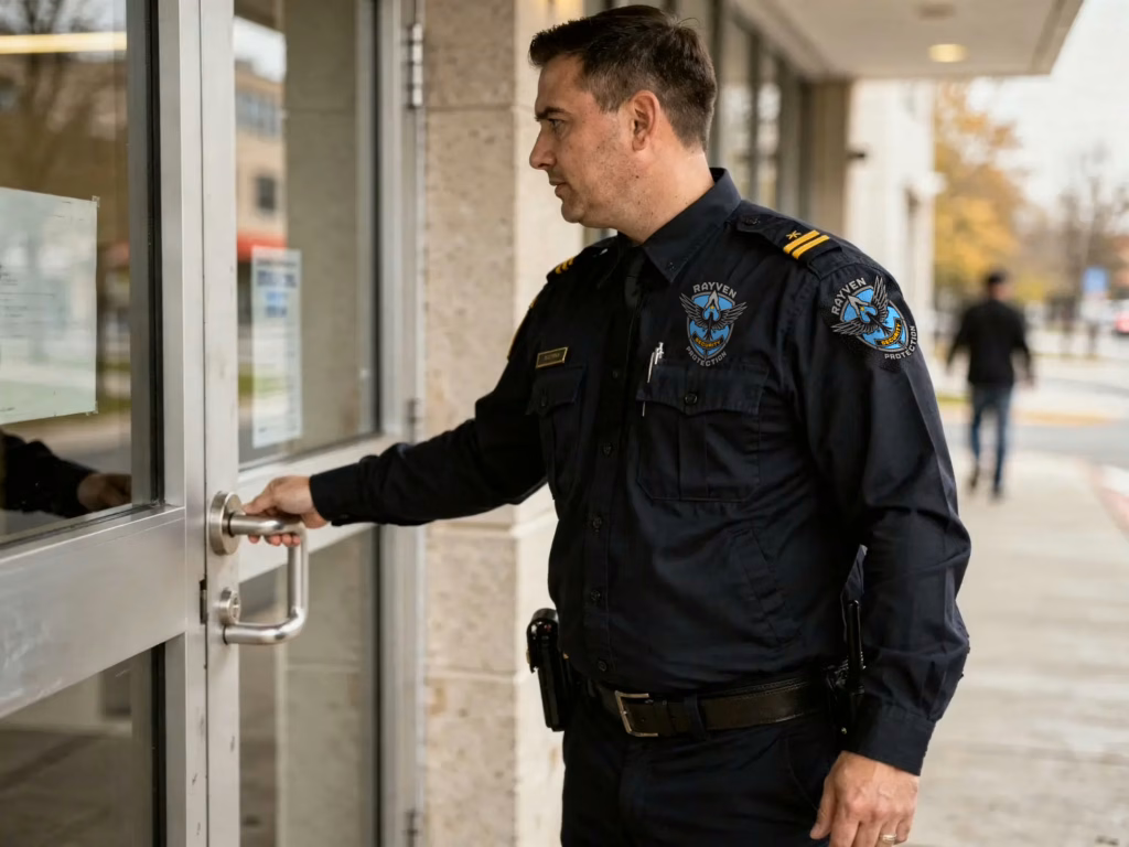 Security guard performing a routine door check during a quiet patrol at a commercial property, demonstrating professional vigilance.