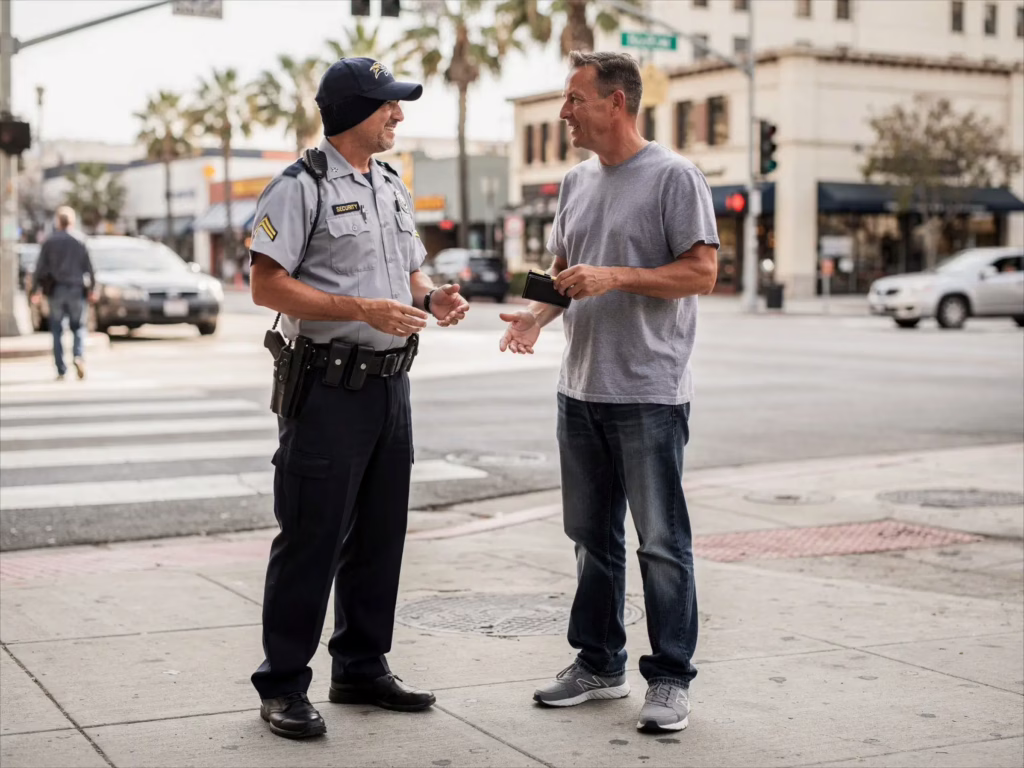 Security guard calmly speaking with a man holding his wallet on a public California sidewalk, illustrating that showing ID in public is generally voluntary.