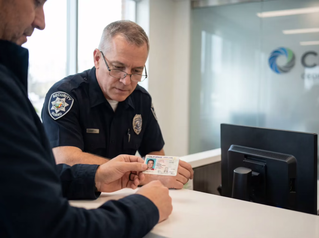 Professional security guard visually inspecting a visitor’s California ID at a front desk while the visitor continues holding it, demonstrating a standard look-and-return ID check.