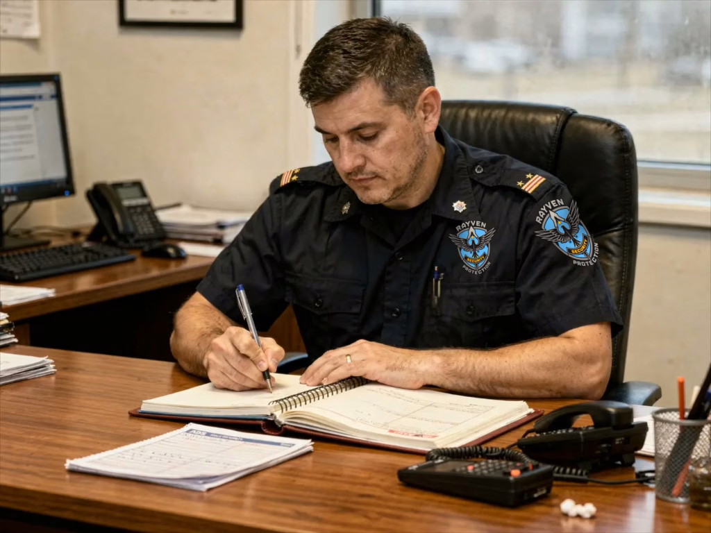 Security guard completing a daily activity report at a desk, documenting patrol observations and incidents at the end of a shift.