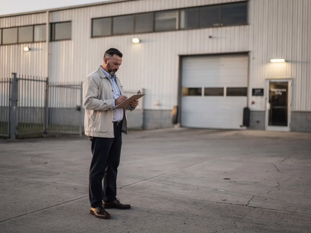 Business owner reviewing a site checklist outside a commercial warehouse while assessing security risks and property vulnerabilities.