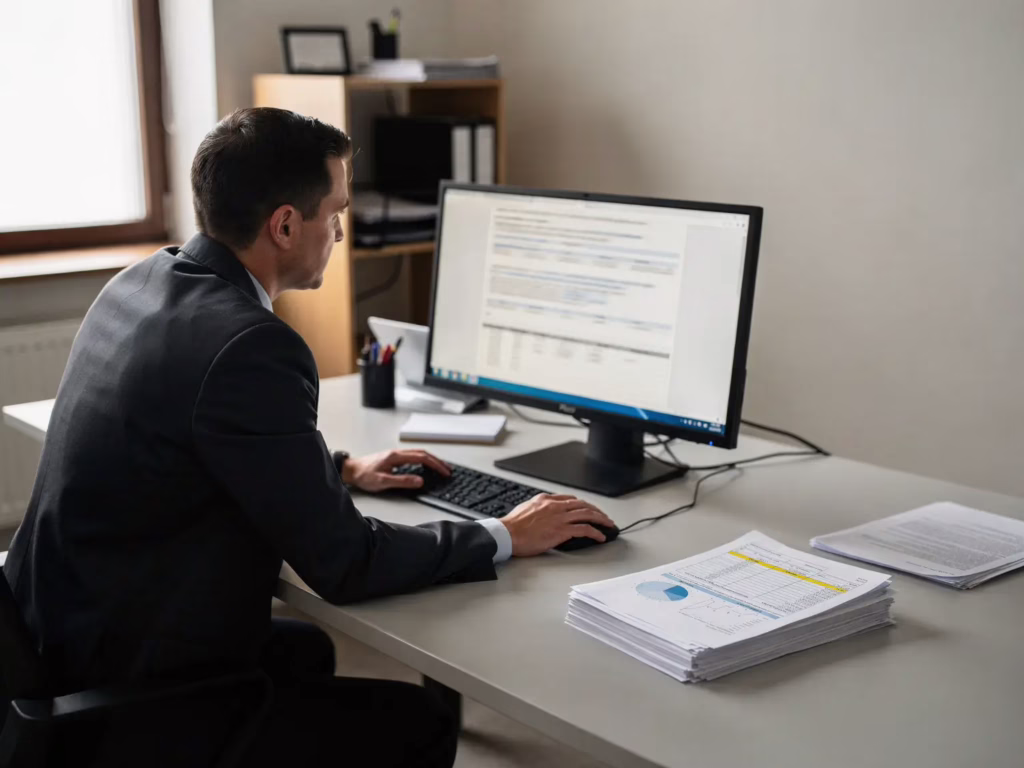 Business professional reviewing licensing information on a computer while verifying a security company’s credentials and compliance documents.