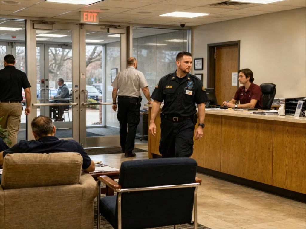 Rayven Security Protection security guard monitoring a commercial property lobby while visitors enter and reception operations continue during business hours.