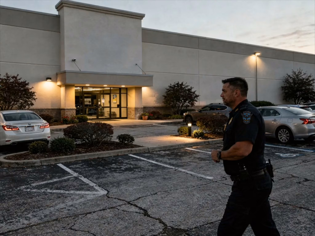Rayven Security Protection security guard performing a routine patrol check across a commercial property parking lot at early evening.
